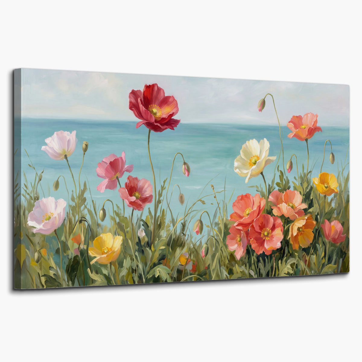 Colorful red, peach and yellow flowers beside a turquoise sea single canvas wall art on a white background