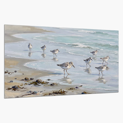 Small shorebirds standing along a pale blue shoreline single poster print on a white background