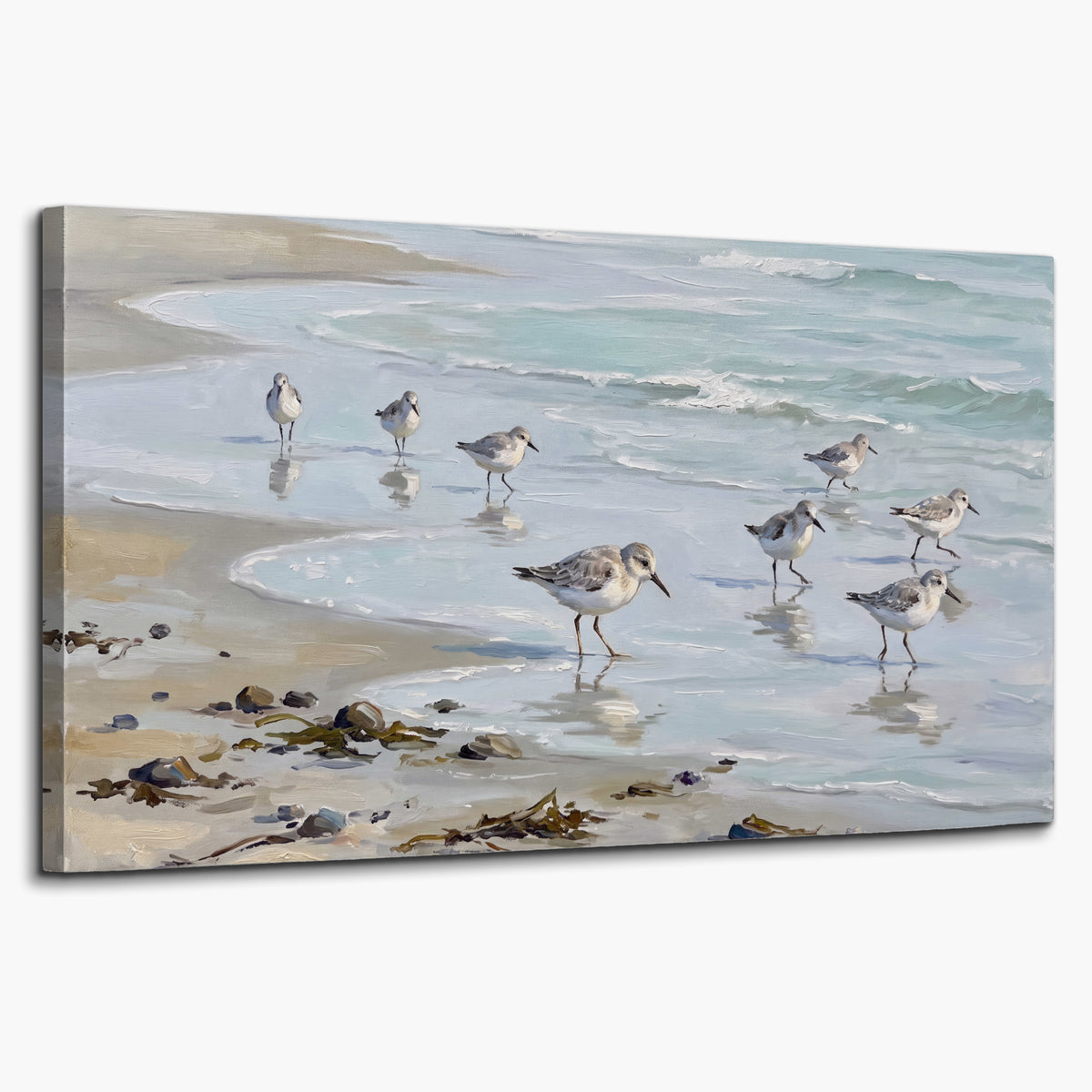 Small shorebirds standing along a pale blue shoreline single canvas wall art on a white background