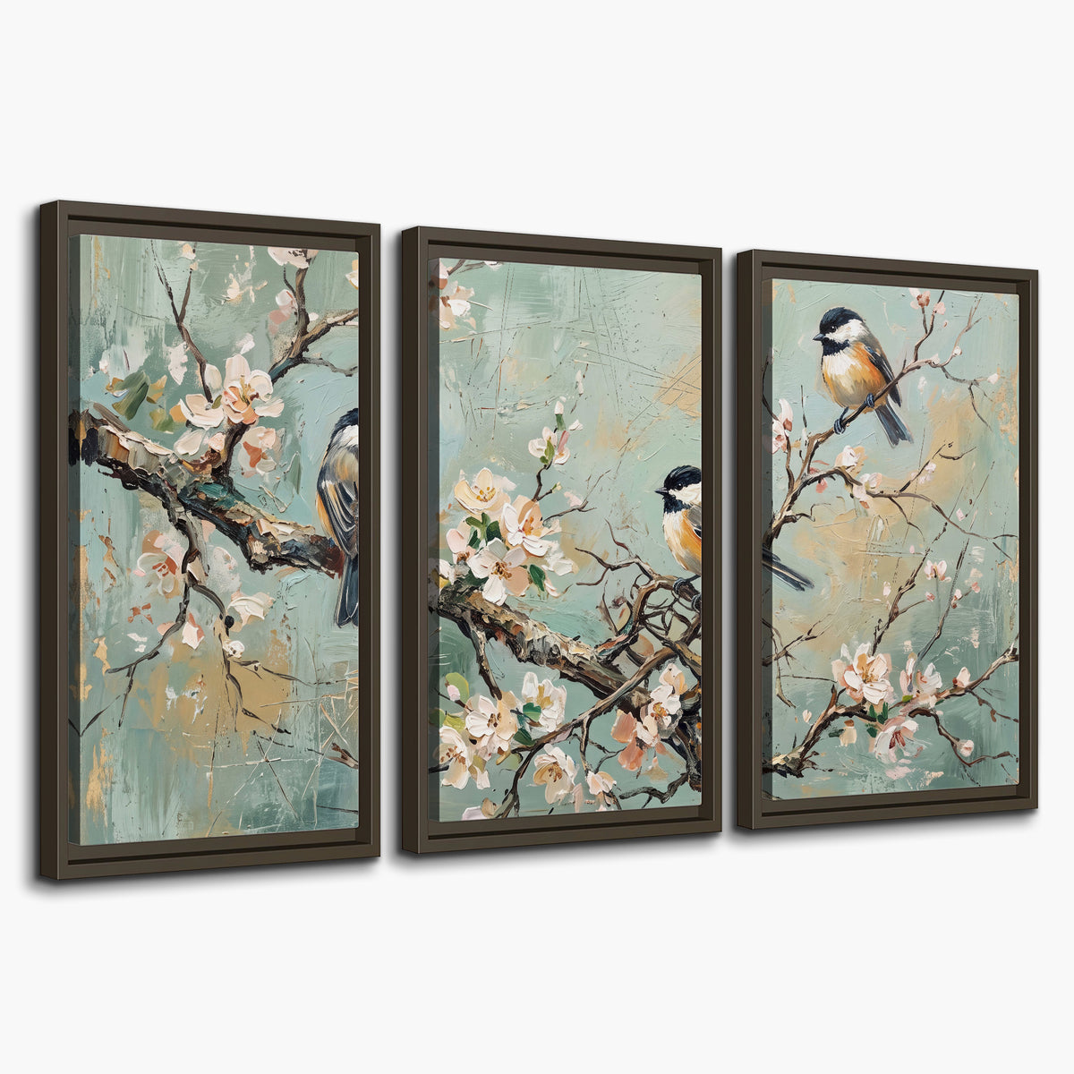 Small colorful songbirds perched among pale blossoms on soft aqua 3 piece framed canvas wall art on a white background