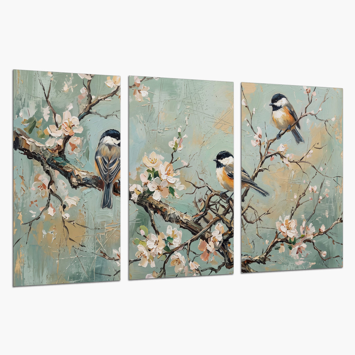 Small colorful songbirds perched among pale blossoms on soft aqua set of 3 poster prints on a white background
