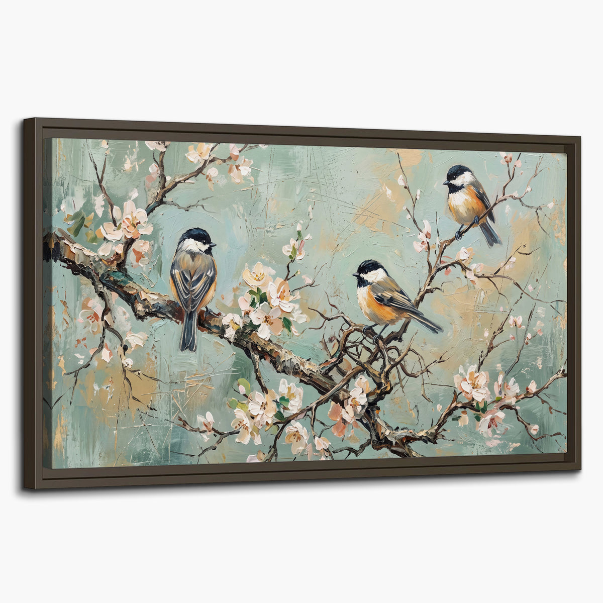 Small colorful songbirds perched among pale blossoms on soft aqua single framed canvas wall art on a white background