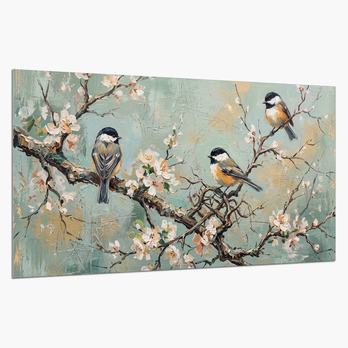 Small colorful songbirds perched among pale blossoms on soft aqua single poster print on a white background