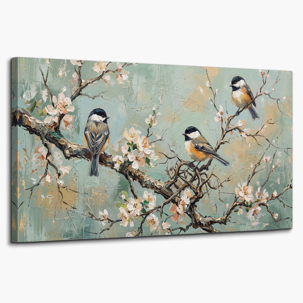 Small colorful songbirds perched among pale blossoms on soft aqua single canvas wall art on a white background