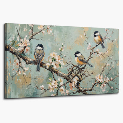Small colorful songbirds perched among pale blossoms on soft aqua single canvas wall art on a white background