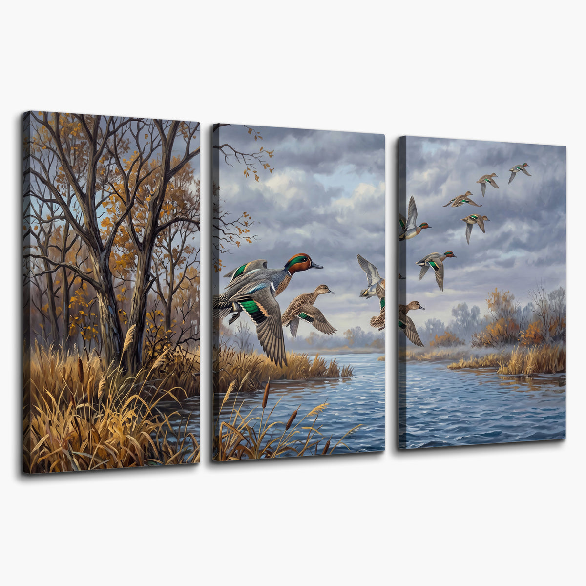Ducks taking flight over a blue river framed by autumn branches 3 piece canvas wall art on a white background