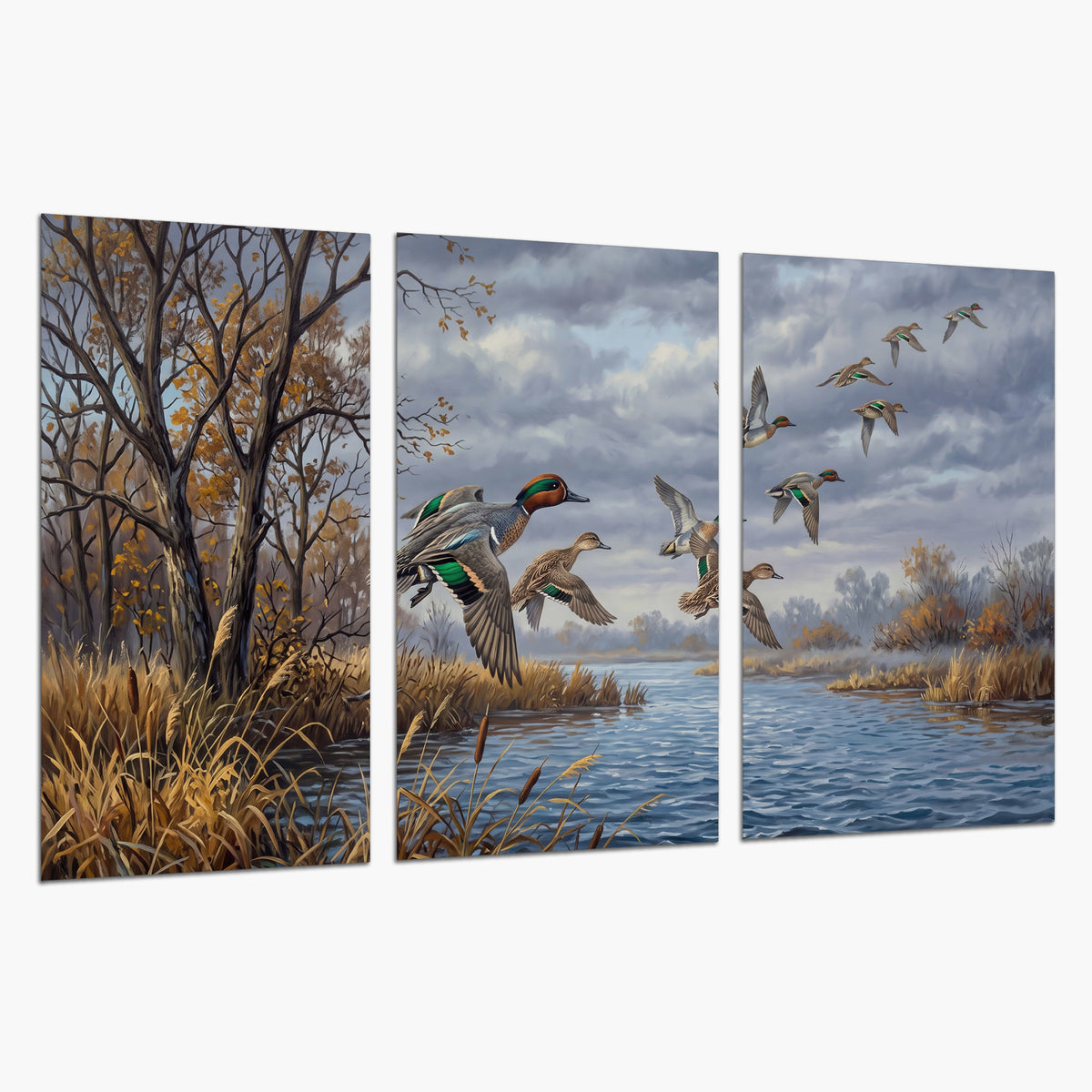 Ducks taking flight over a blue river framed by autumn branches set of 3 poster prints on a white background