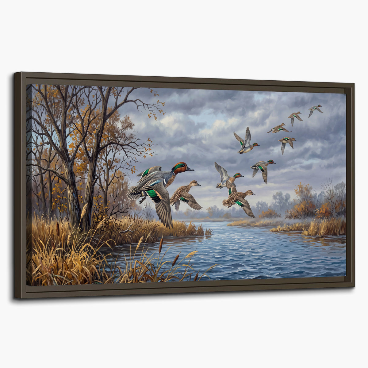 Ducks taking flight over a blue river framed by autumn branches single framed canvas wall art on a white background