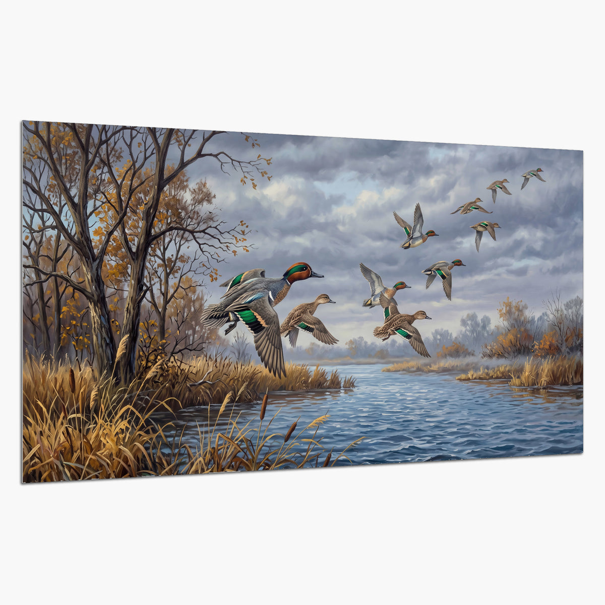 Ducks taking flight over a blue river framed by autumn branches single poster print on a white background