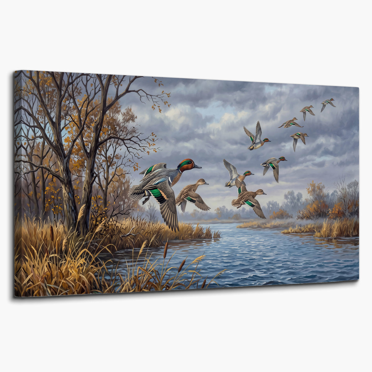 Ducks taking flight over a blue river framed by autumn branches single canvas wall art on a white background