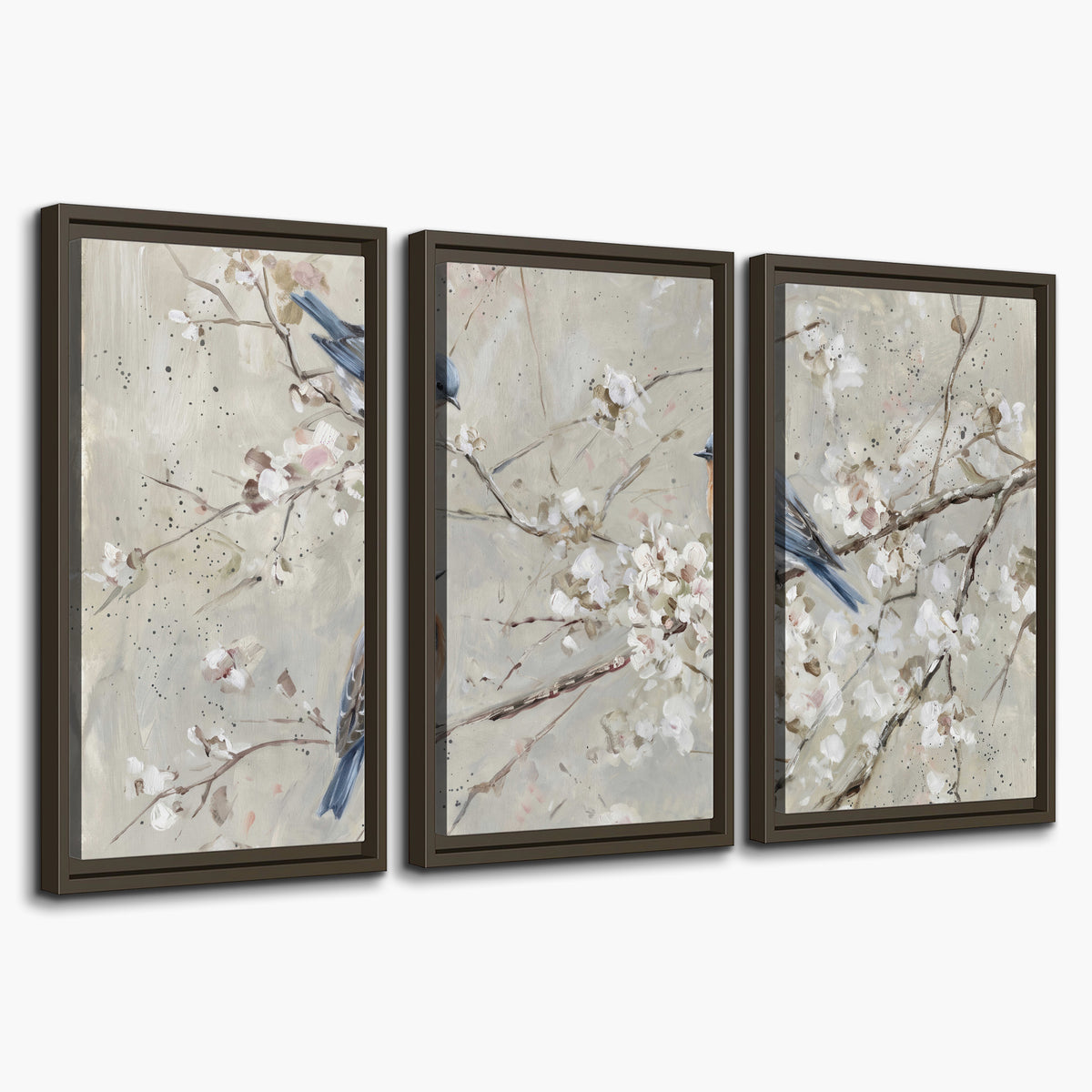 Bluebirds perched on delicate white flowering branches against pale sage 3 piece framed canvas wall art on a white background