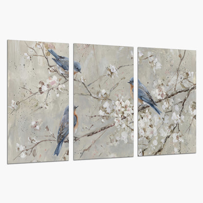 Bluebirds perched on delicate white flowering branches against pale sage set of 3 poster prints on a white background