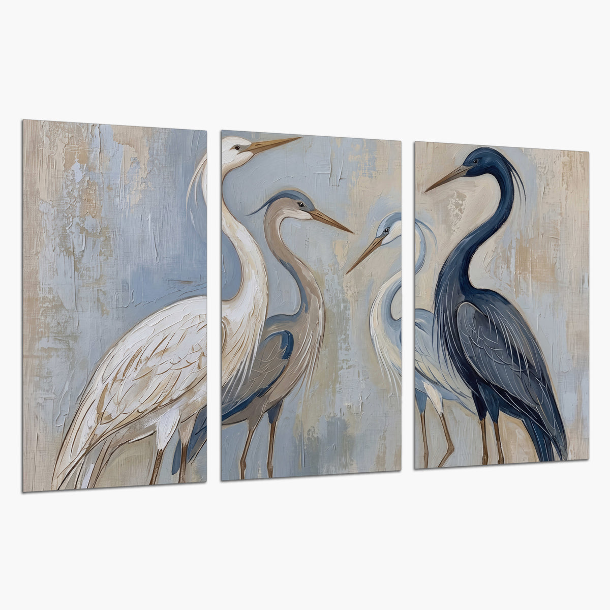 Three long-necked herons in soft ivory and dark blue against pale blue-gray set of 3 poster prints on a white background