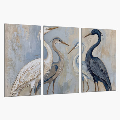 Three long-necked herons in soft ivory and dark blue against pale blue-gray set of 3 poster prints on a white background