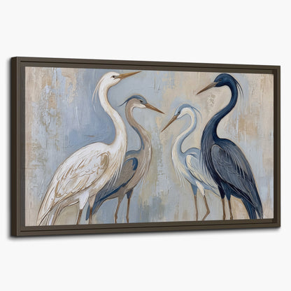 Three long-necked herons in soft ivory and dark blue against pale blue-gray single framed canvas wall art on a white background