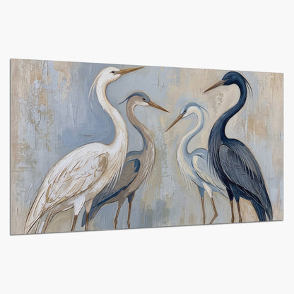 Three long-necked herons in soft ivory and dark blue against pale blue-gray single poster print on a white background