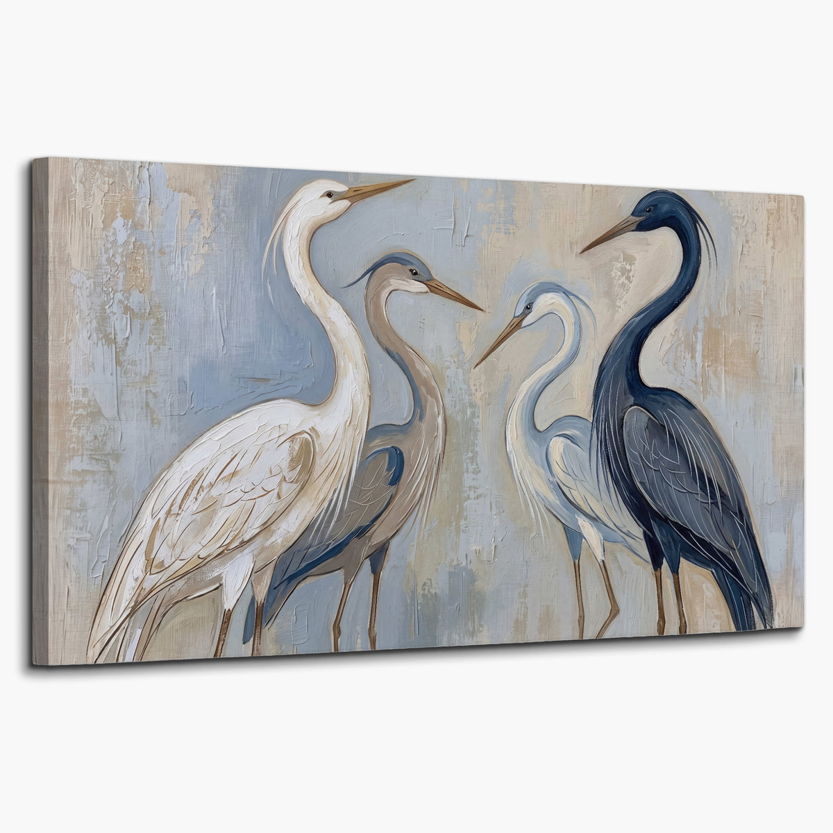 Three long-necked herons in soft ivory and dark blue against pale blue-gray single canvas wall art on a white background