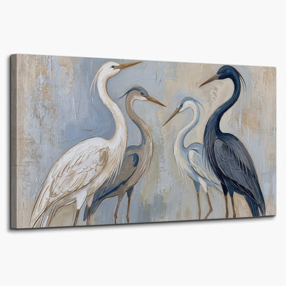Three long-necked herons in soft ivory and dark blue against pale blue-gray single canvas wall art on a white background