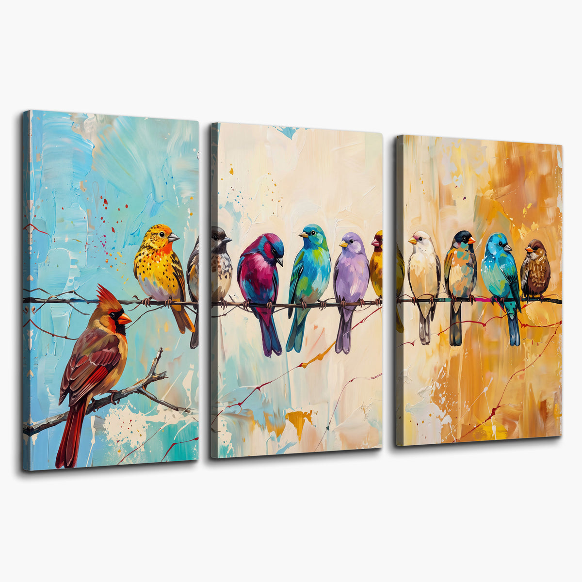 A row of brightly colored birds against expressive turquoise and ochre 3 piece canvas wall art on a white background