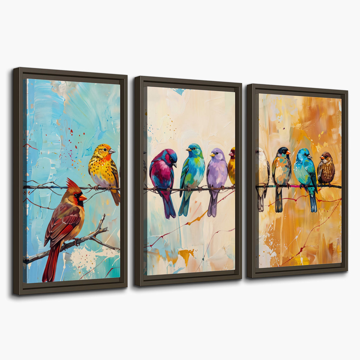 A row of brightly colored birds against expressive turquoise and ochre 3 piece framed canvas wall art on a white background