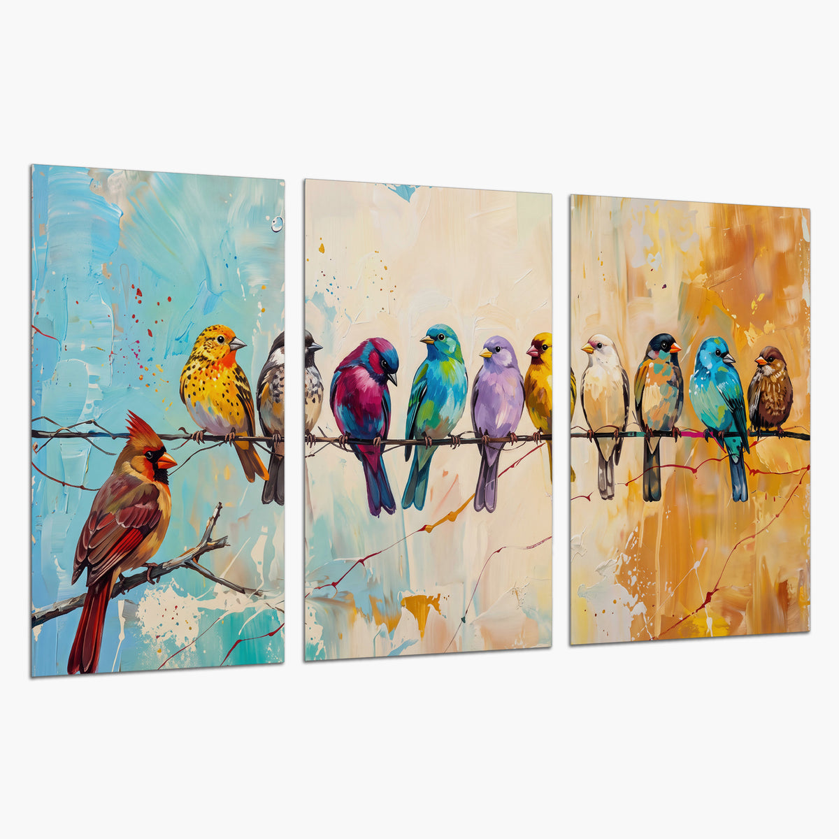 A row of brightly colored birds against expressive turquoise and ochre set of 3 poster prints on a white background