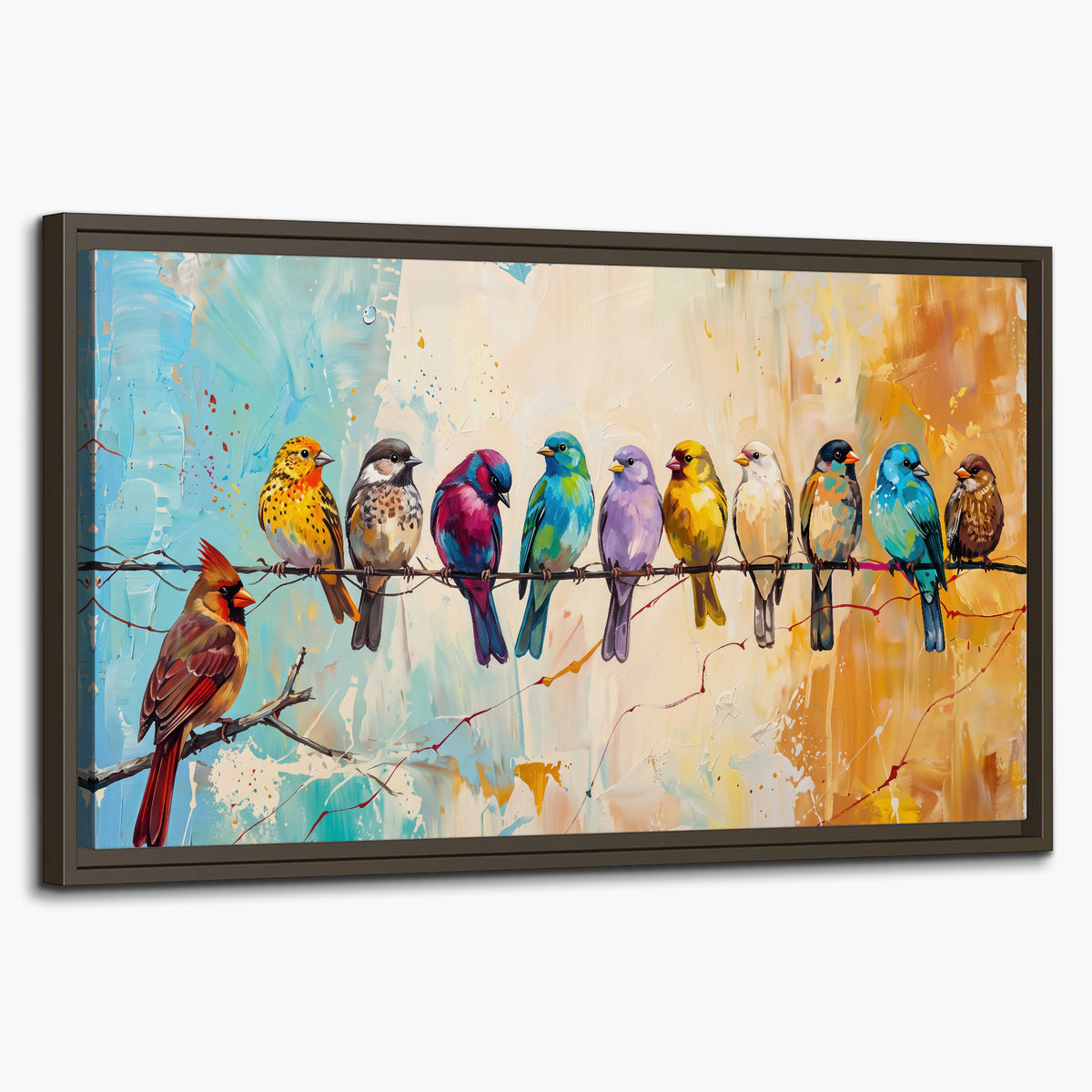 A row of brightly colored birds against expressive turquoise and ochre single framed canvas wall art on a white background