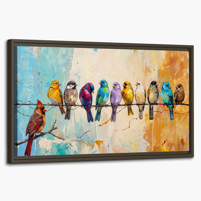 A row of brightly colored birds against expressive turquoise and ochre single framed canvas wall art on a white background
