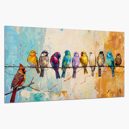 A row of brightly colored birds against expressive turquoise and ochre single poster print on a white background
