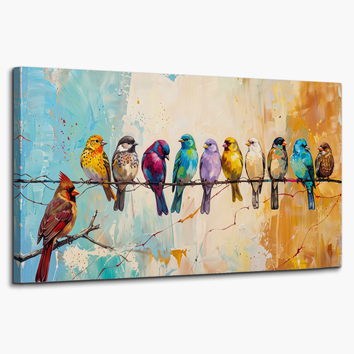 A row of brightly colored birds against expressive turquoise and ochre single canvas wall art on a white background
