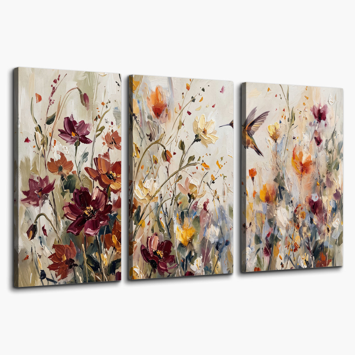 A small hummingbird among delicate pink, rust and ivory flowers 3 piece canvas wall art on a white background
