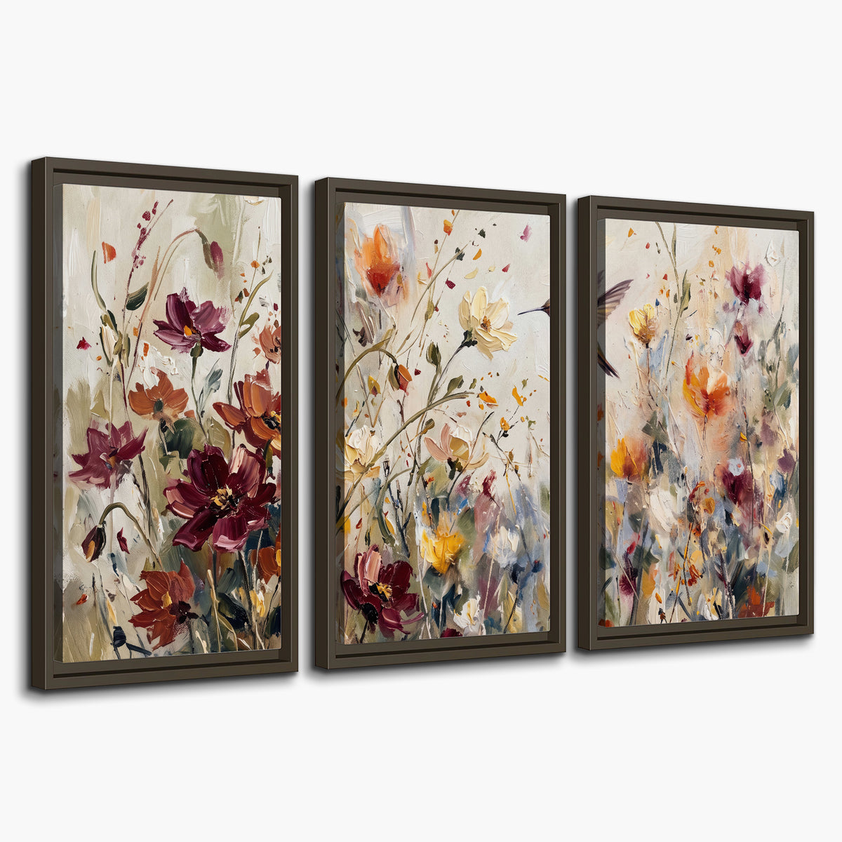 A small hummingbird among delicate pink, rust and ivory flowers 3 piece framed canvas wall art on a white background