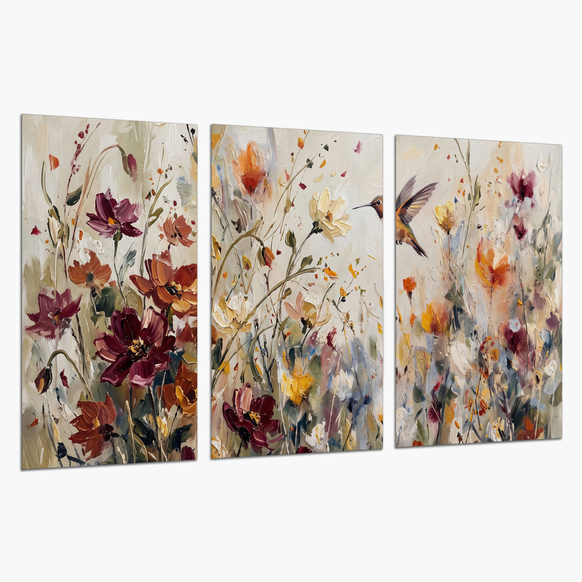 A small hummingbird among delicate pink, rust and ivory flowers set of 3 poster prints on a white background
