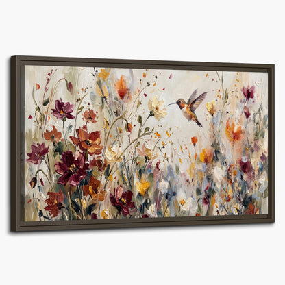 A small hummingbird among delicate pink, rust and ivory flowers single framed canvas wall art on a white background