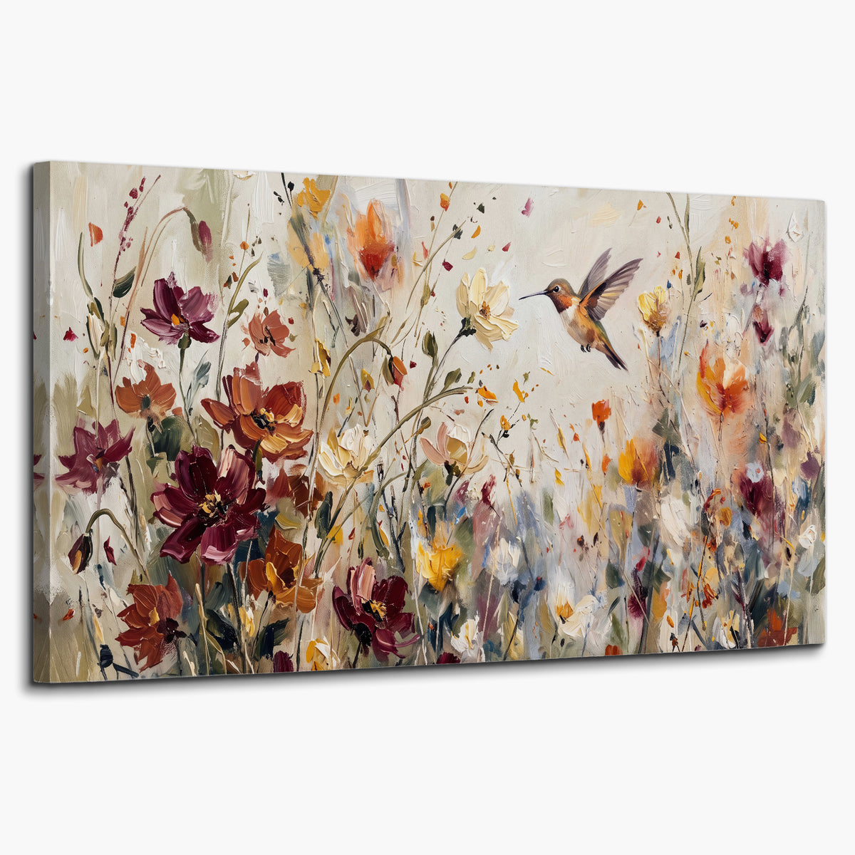A small hummingbird among delicate pink, rust and ivory flowers single canvas wall art on a white background