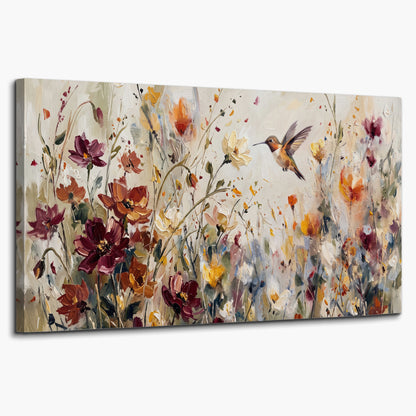A small hummingbird among delicate pink, rust and ivory flowers single canvas wall art on a white background