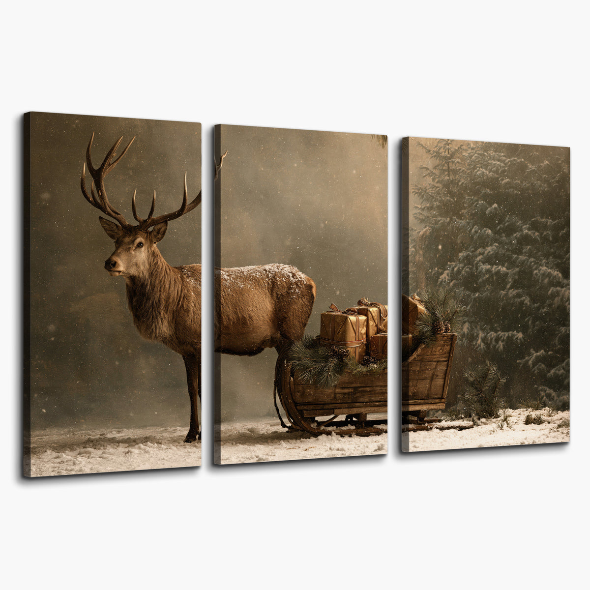 A stag beside a rustic gift-filled sleigh in a misty evergreen woodland 3 piece canvas wall art on a white background