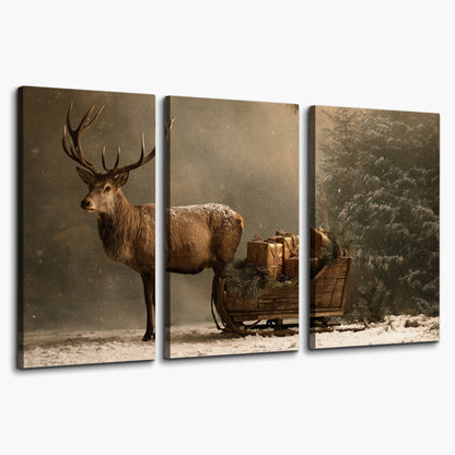 A stag beside a rustic gift-filled sleigh in a misty evergreen woodland 3 piece canvas wall art on a white background
