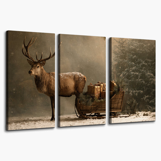 A stag beside a rustic gift-filled sleigh in a misty evergreen woodland 3 piece canvas wall art on a white background