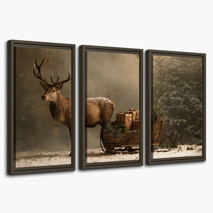 A stag beside a rustic gift-filled sleigh in a misty evergreen woodland 3 piece framed canvas wall art on a white background