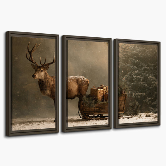 A stag beside a rustic gift-filled sleigh in a misty evergreen woodland 3 piece framed canvas wall art on a white background