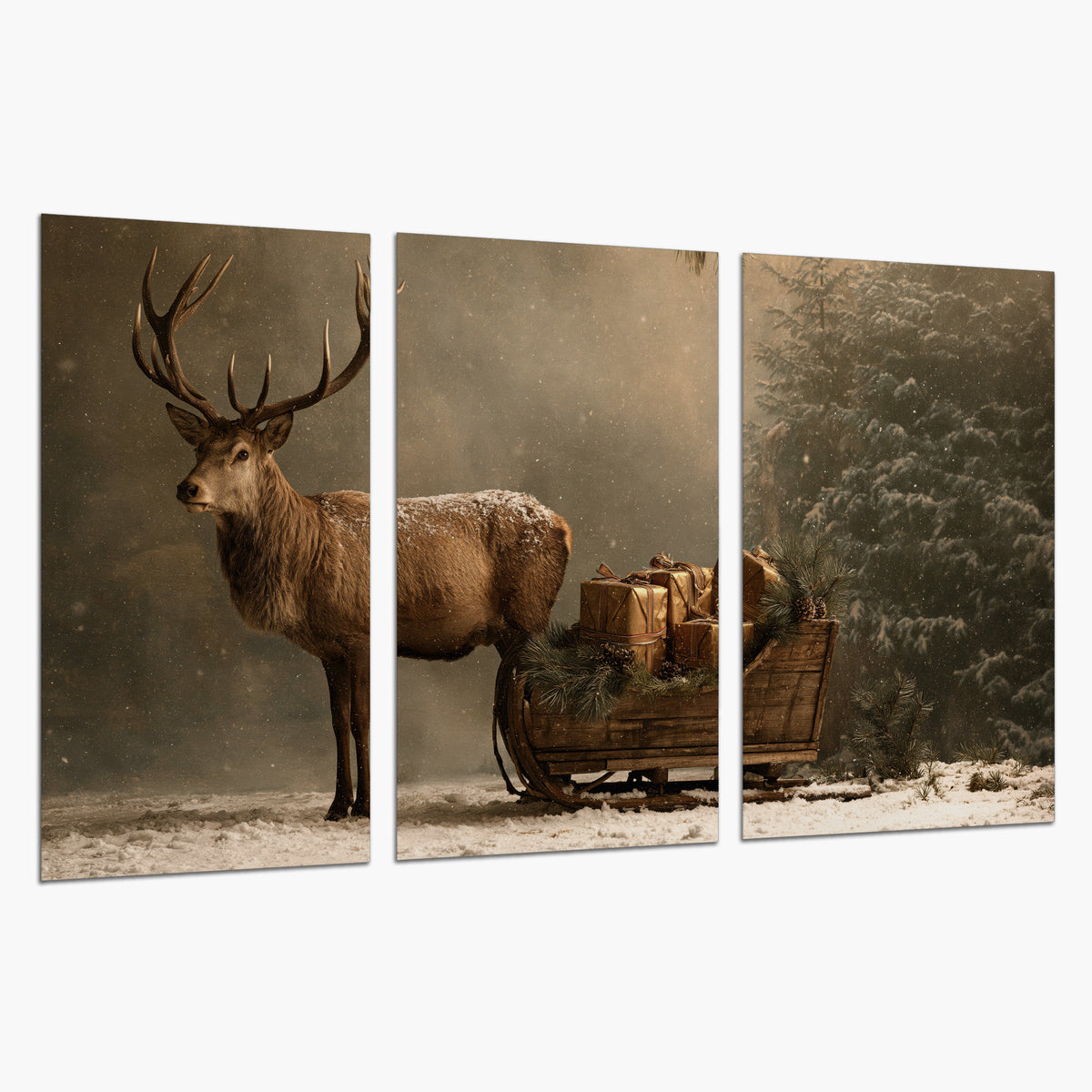 A stag beside a rustic gift-filled sleigh in a misty evergreen woodland set of 3 poster prints on a white background