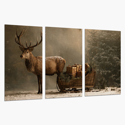 A stag beside a rustic gift-filled sleigh in a misty evergreen woodland set of 3 poster prints on a white background