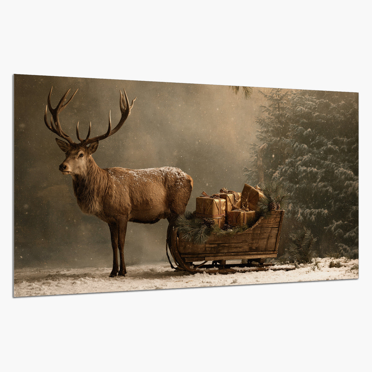 A stag beside a rustic gift-filled sleigh in a misty evergreen woodland single poster print on a white background