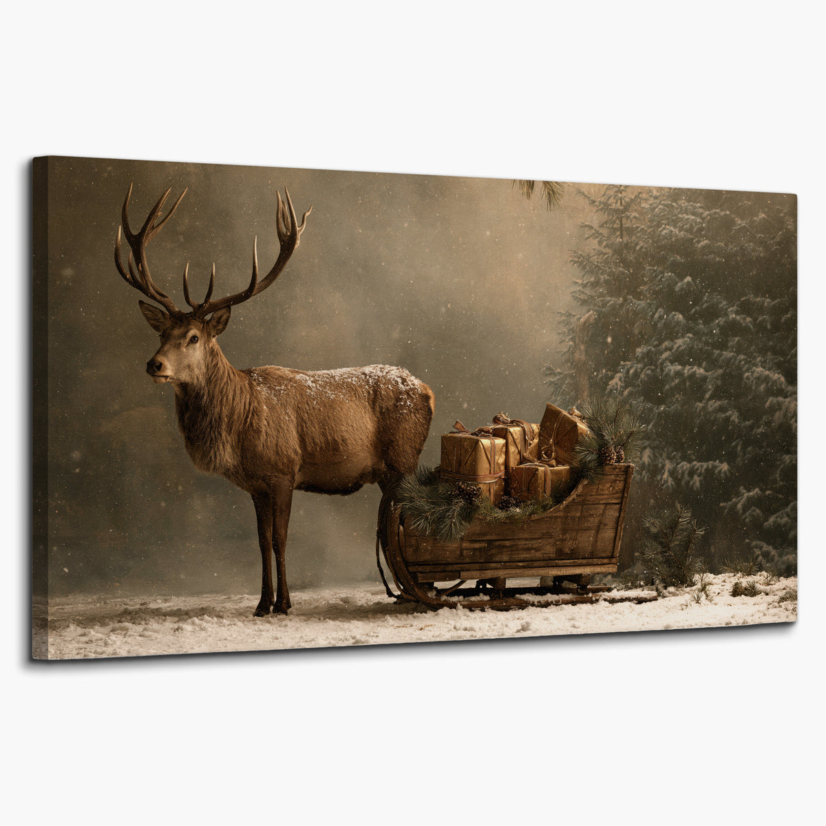 A stag beside a rustic gift-filled sleigh in a misty evergreen woodland single canvas wall art on a white background