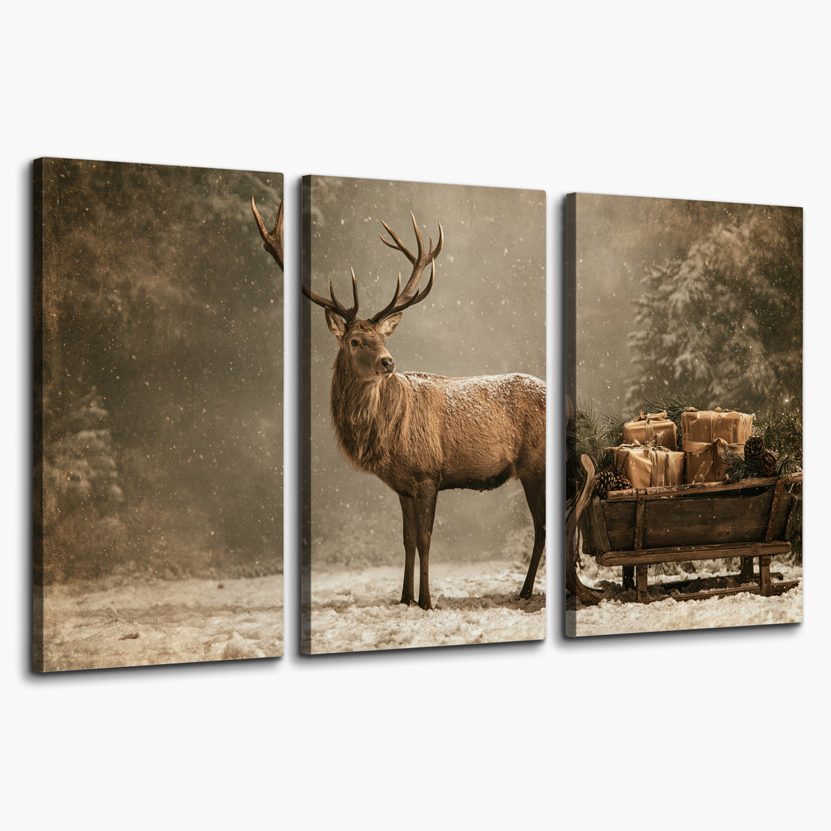 A majestic stag beside a wooden sleigh filled with wrapped gifts in a softly lit woodland 3 piece canvas wall art on a white background