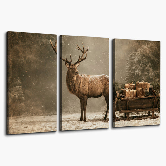 A majestic stag beside a wooden sleigh filled with wrapped gifts in a softly lit woodland 3 piece canvas wall art on a white background