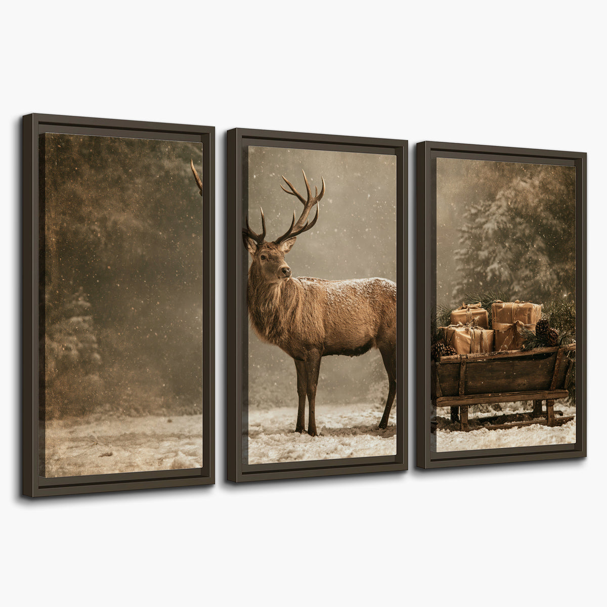 A majestic stag beside a wooden sleigh filled with wrapped gifts in a softly lit woodland 3 piece framed canvas wall art on a white background