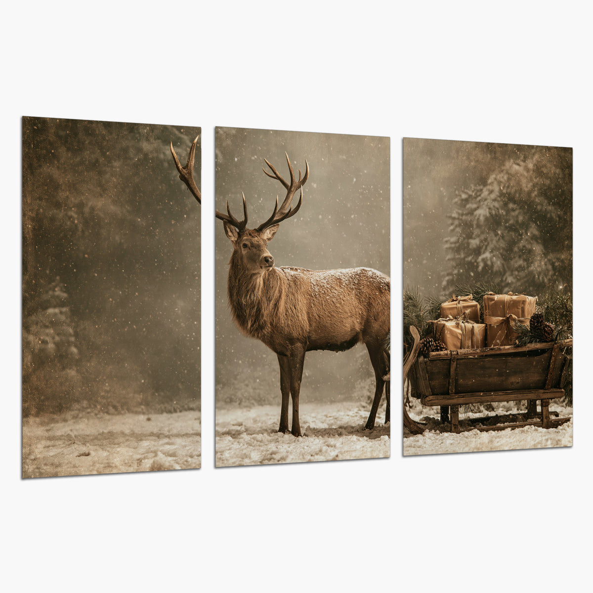 A majestic stag beside a wooden sleigh filled with wrapped gifts in a softly lit woodland set of 3 poster prints on a white background