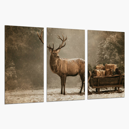 A majestic stag beside a wooden sleigh filled with wrapped gifts in a softly lit woodland set of 3 poster prints on a white background
