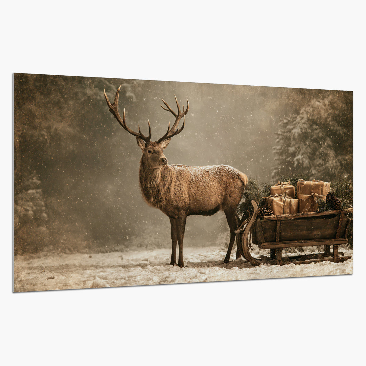 A majestic stag beside a wooden sleigh filled with wrapped gifts in a softly lit woodland single poster print on a white background